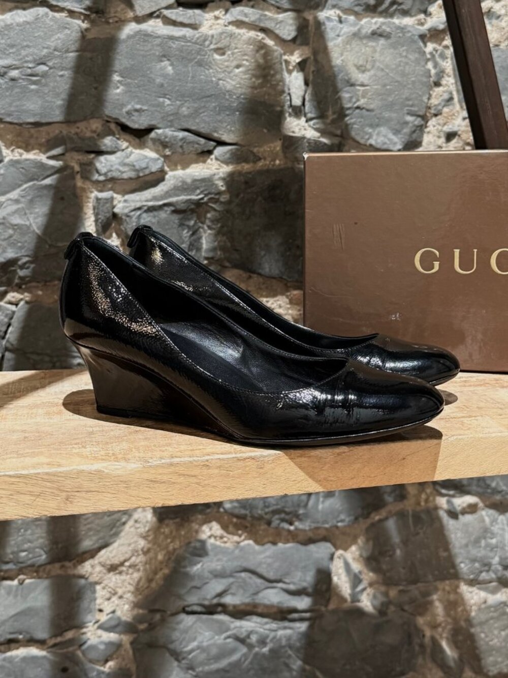Gucci Black Patent GG Wedge Pumps